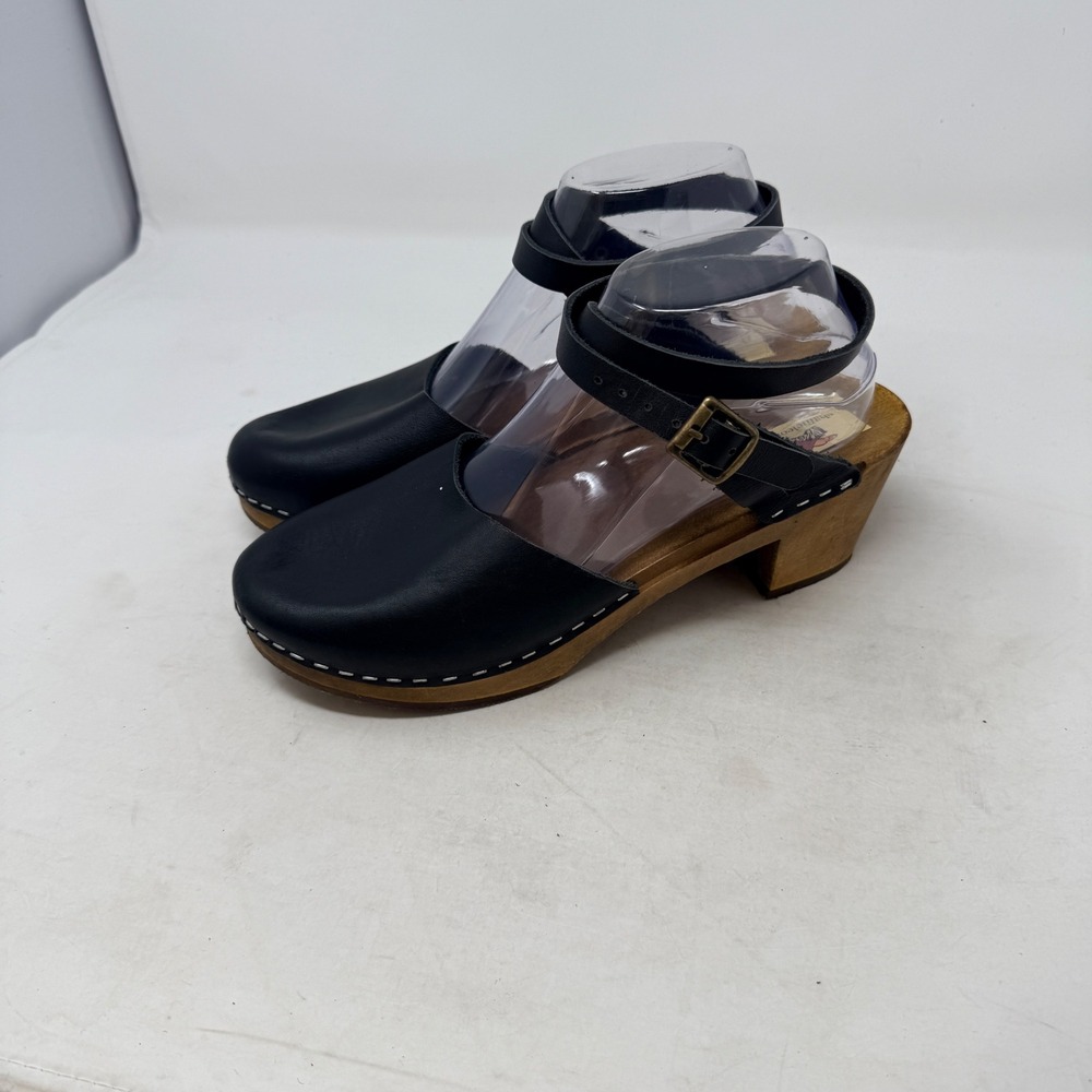 Women's Black Leather Clog Sandals with Ankle Strap